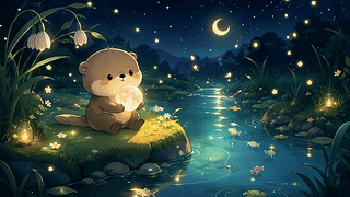 河畔月夜萌水獭