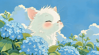 花丛中的软萌小白猫