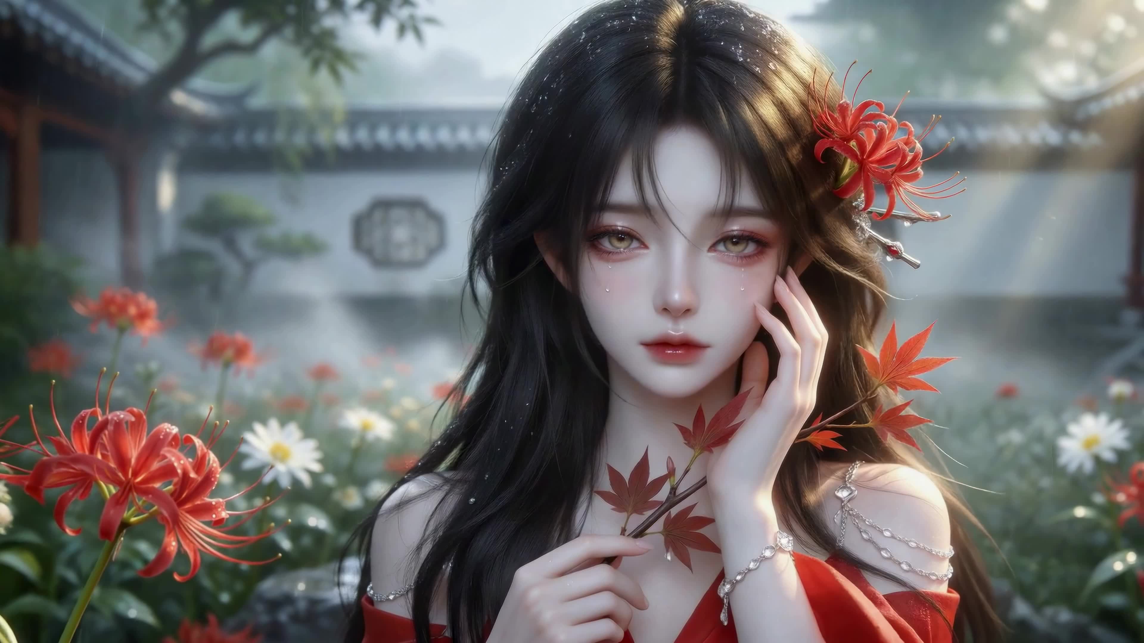 雨中庭院红衣美人