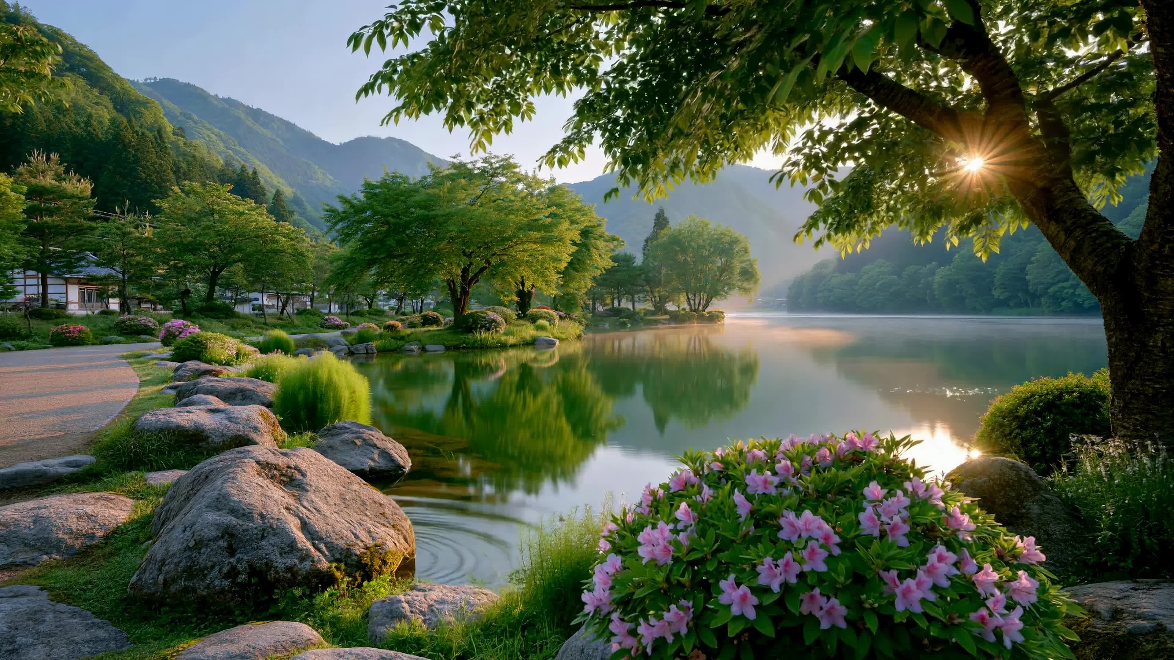 山间湖畔晨光