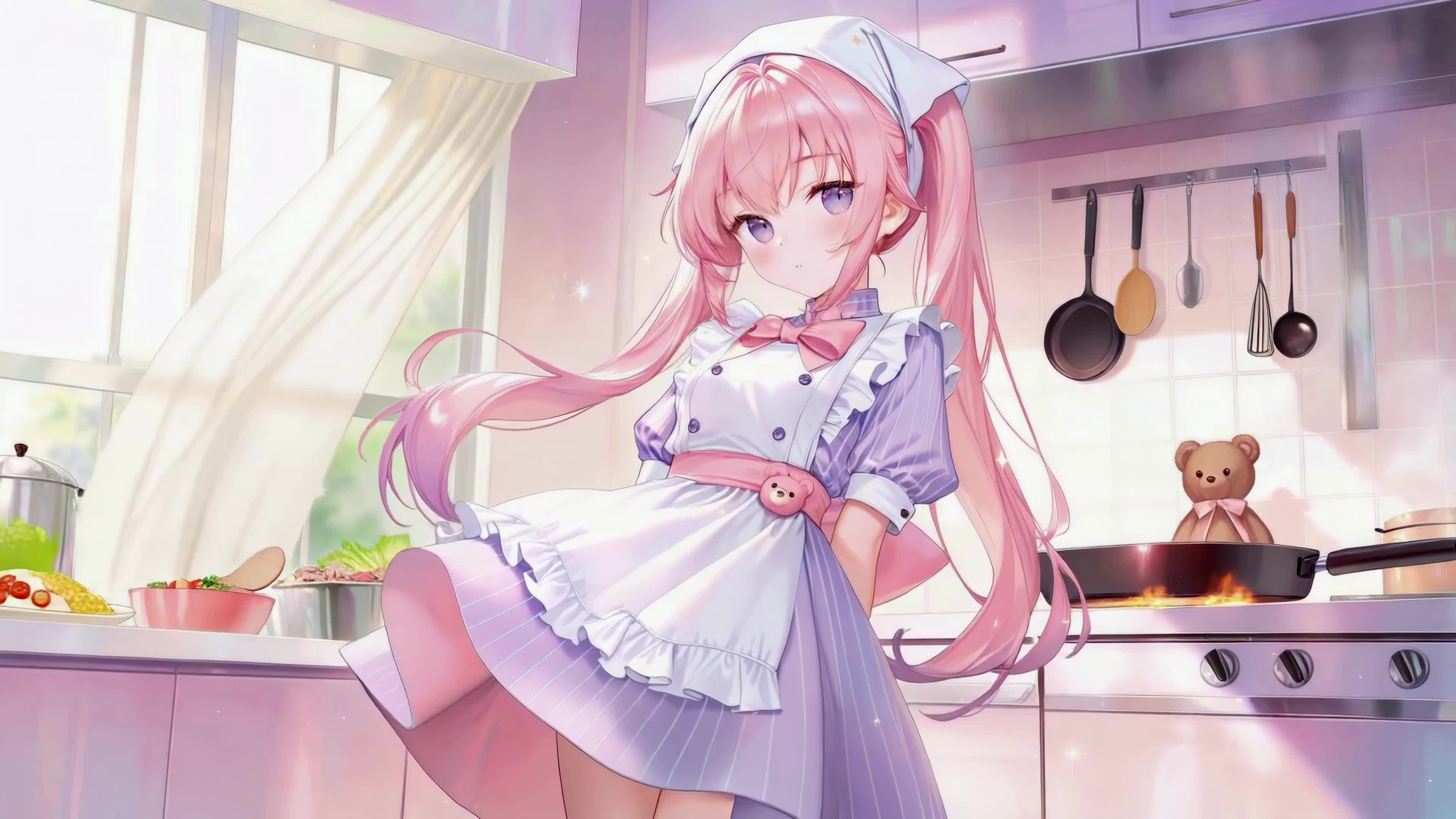 暖光厨房粉发少女