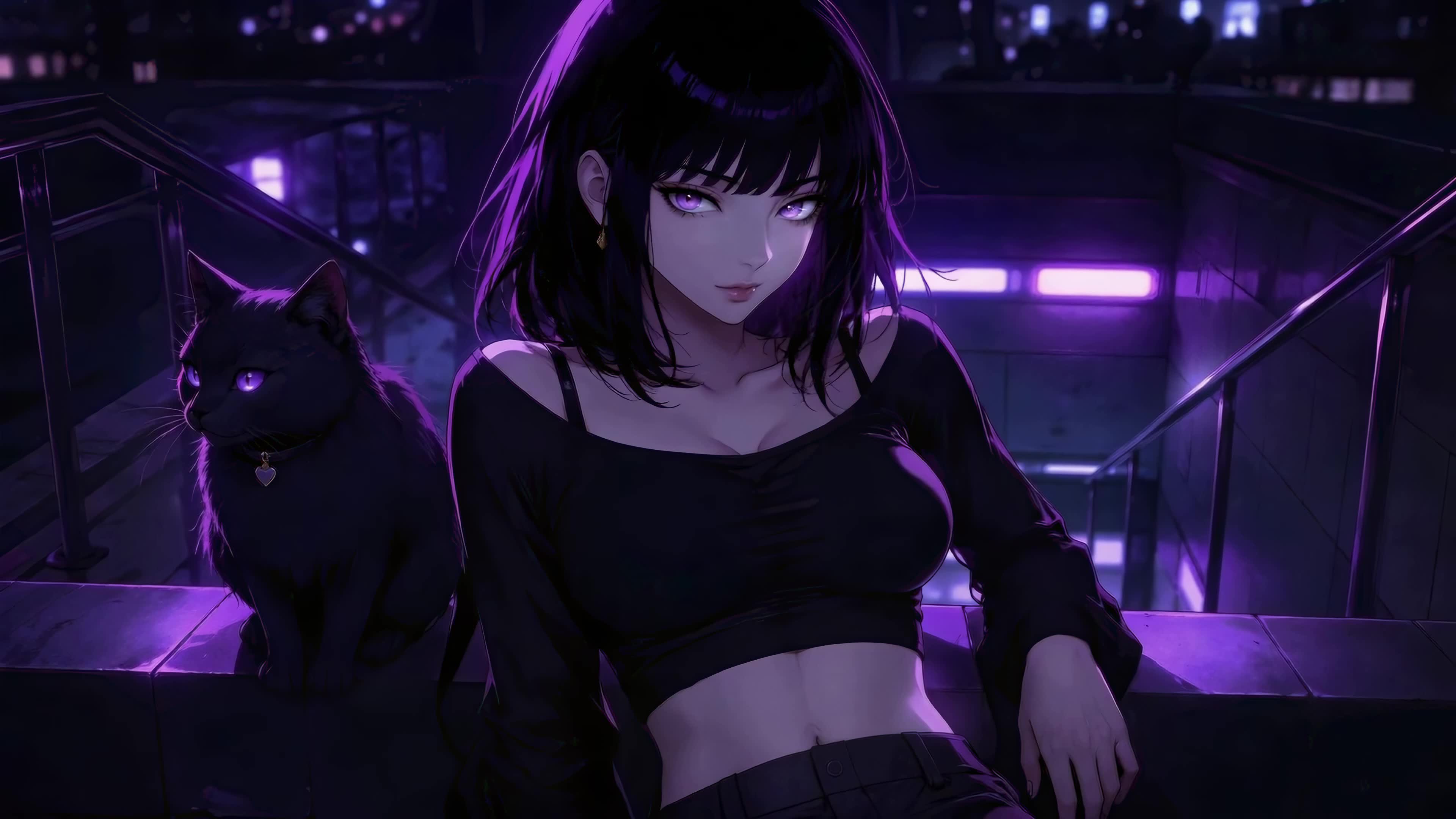 紫夜天台少女与黑猫