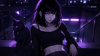 紫夜天台少女与黑猫