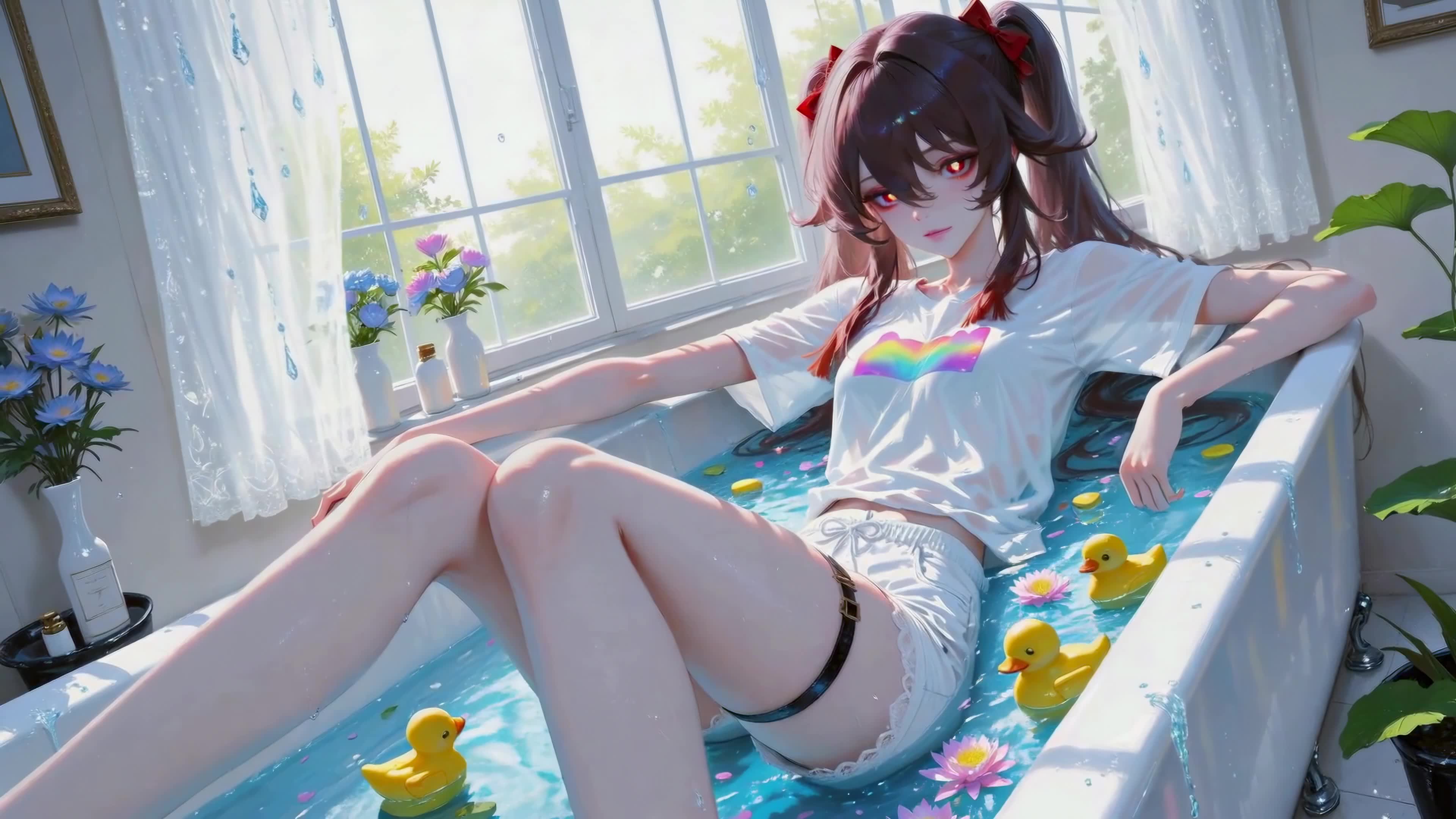 窗边浴缸休闲少女胡桃