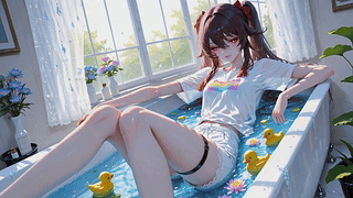 窗边浴缸休闲少女胡桃