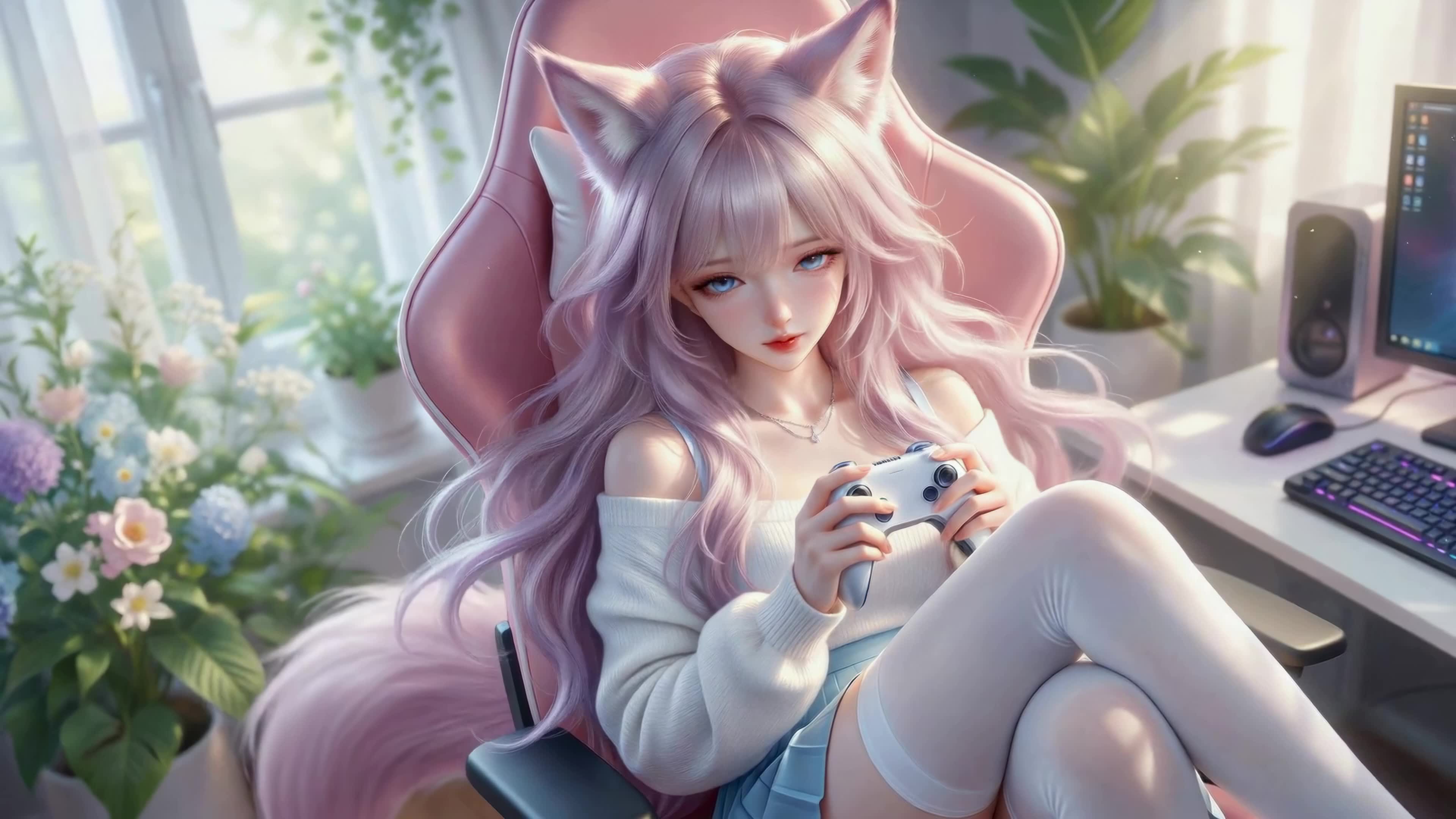 粉发狐耳休闲电竞少女