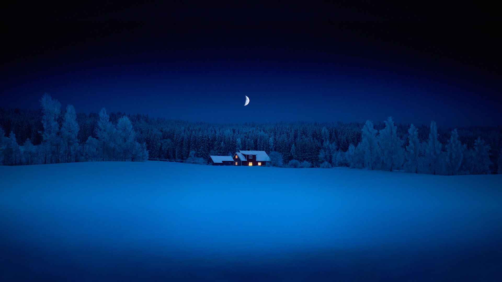 森林雪夜房子月亮风景图_4234