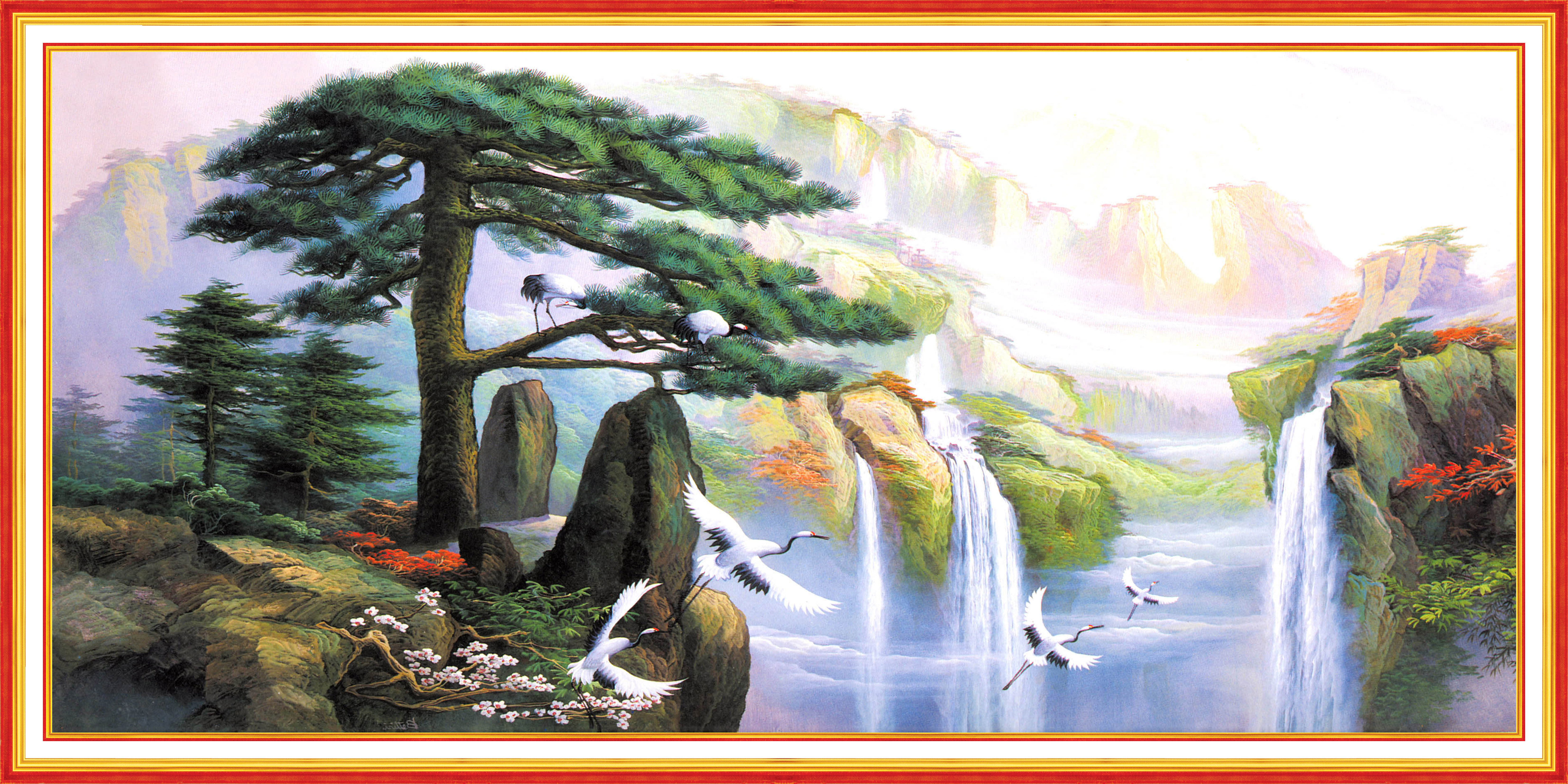 水墨画壁画迎客松6K背景_13015