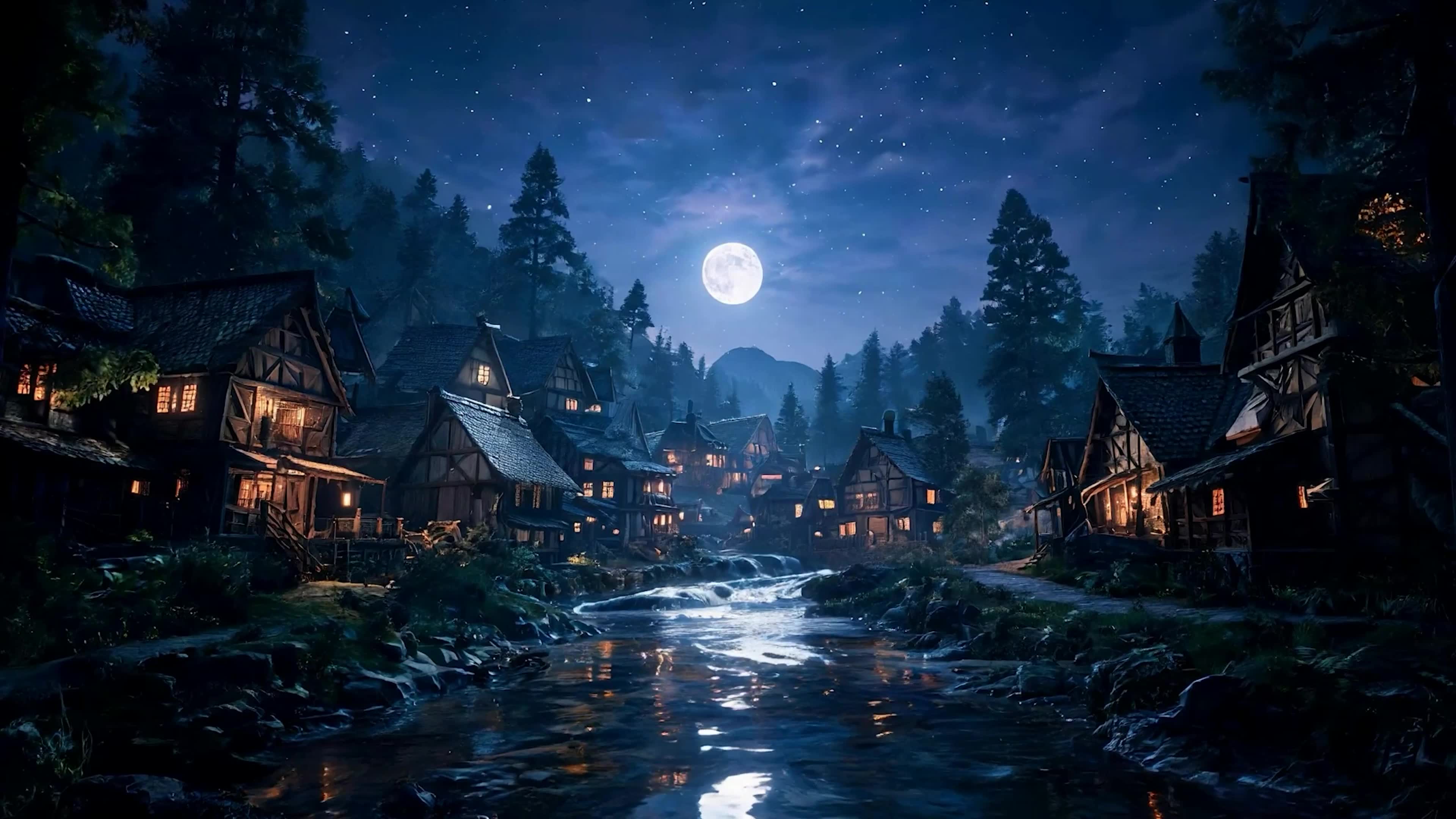 夜景树木河流