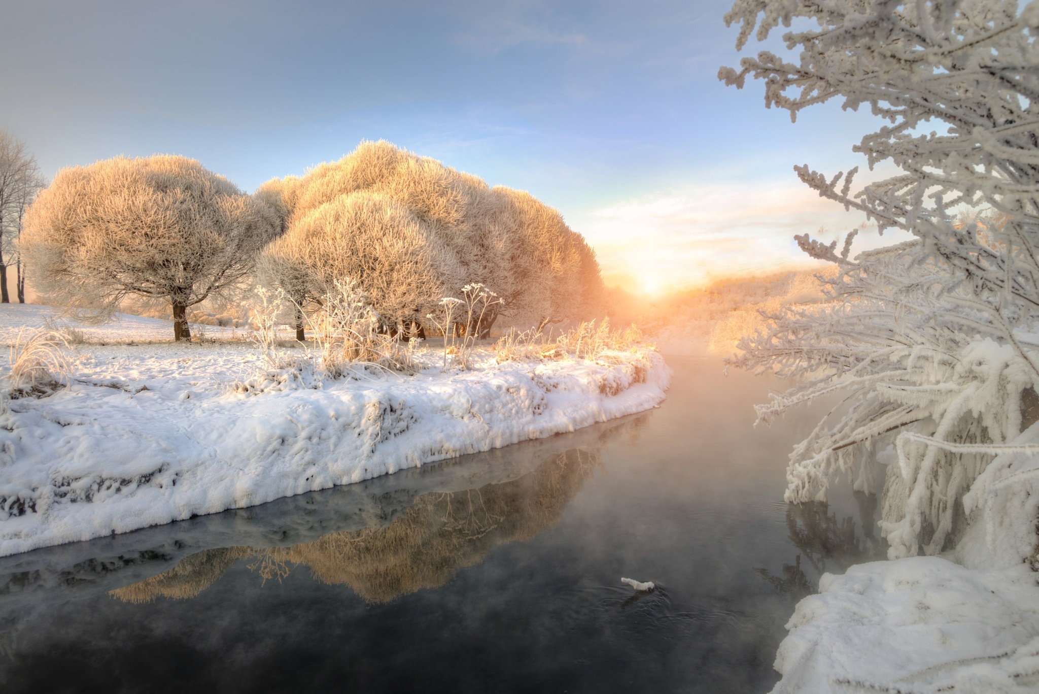 河,树，霜,雪,冬天的风景_3698