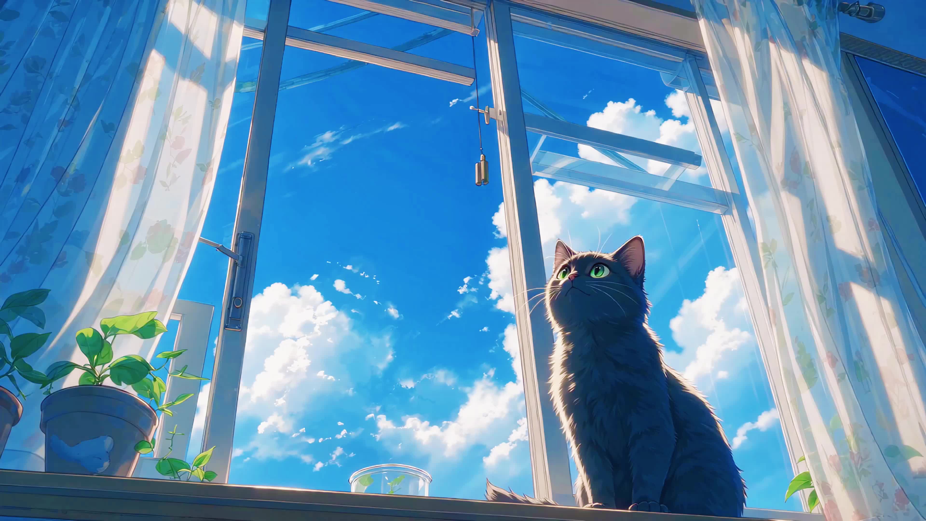 蓝天下窗边猫咪