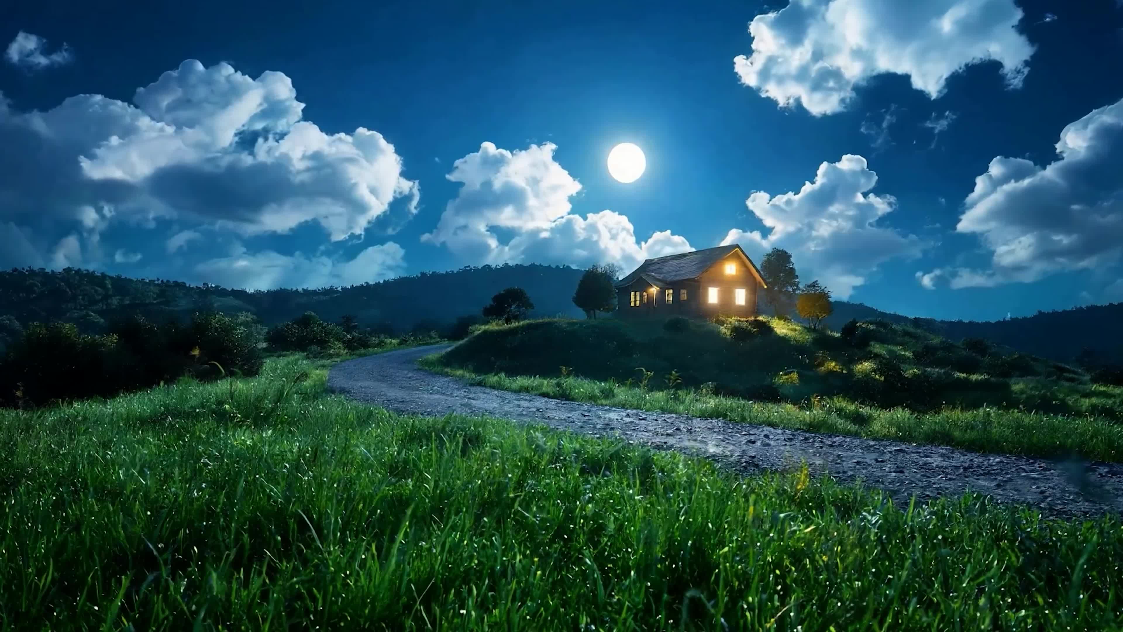 夜景树木房屋