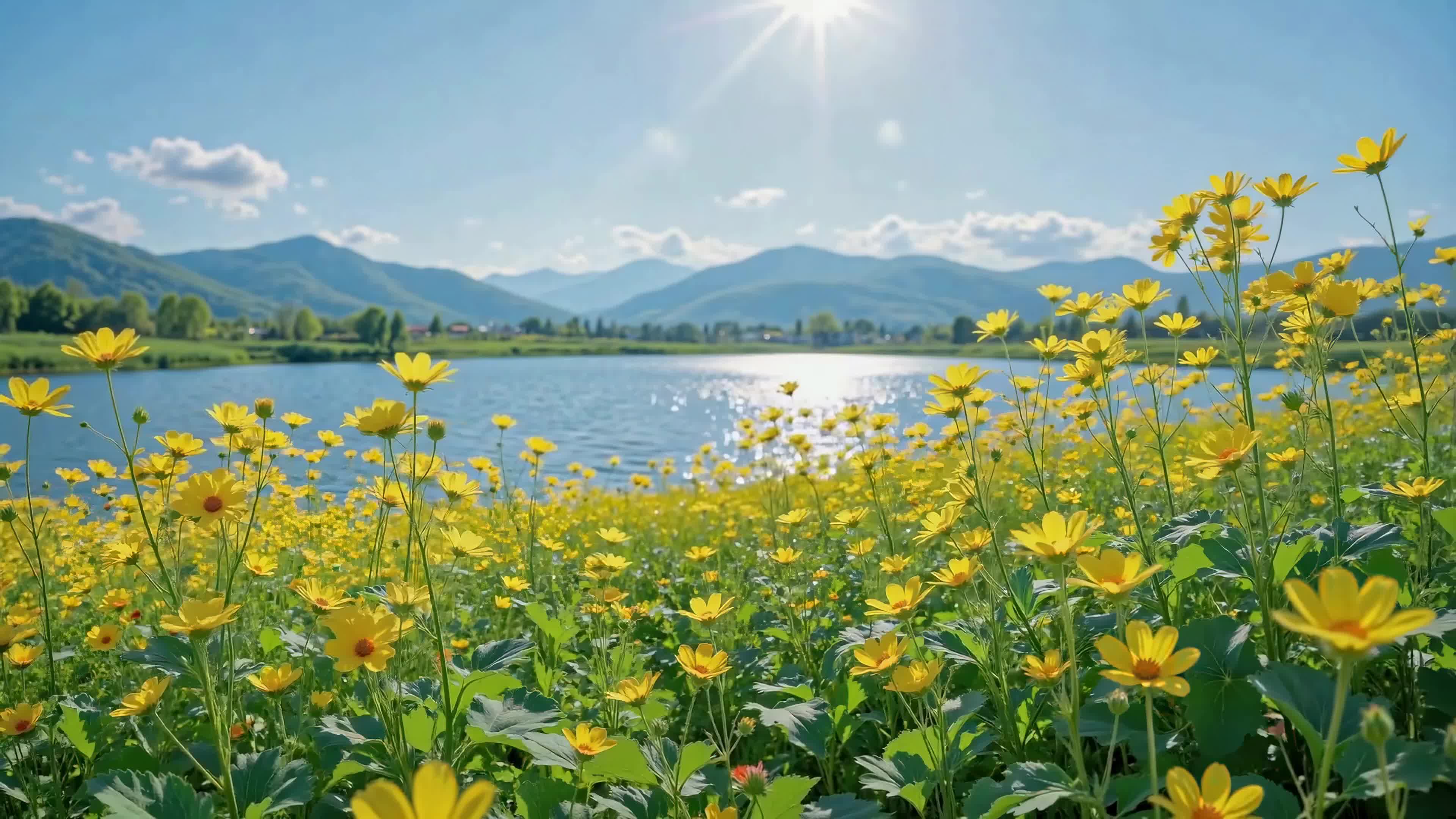 晴日湖畔黄花盛景
