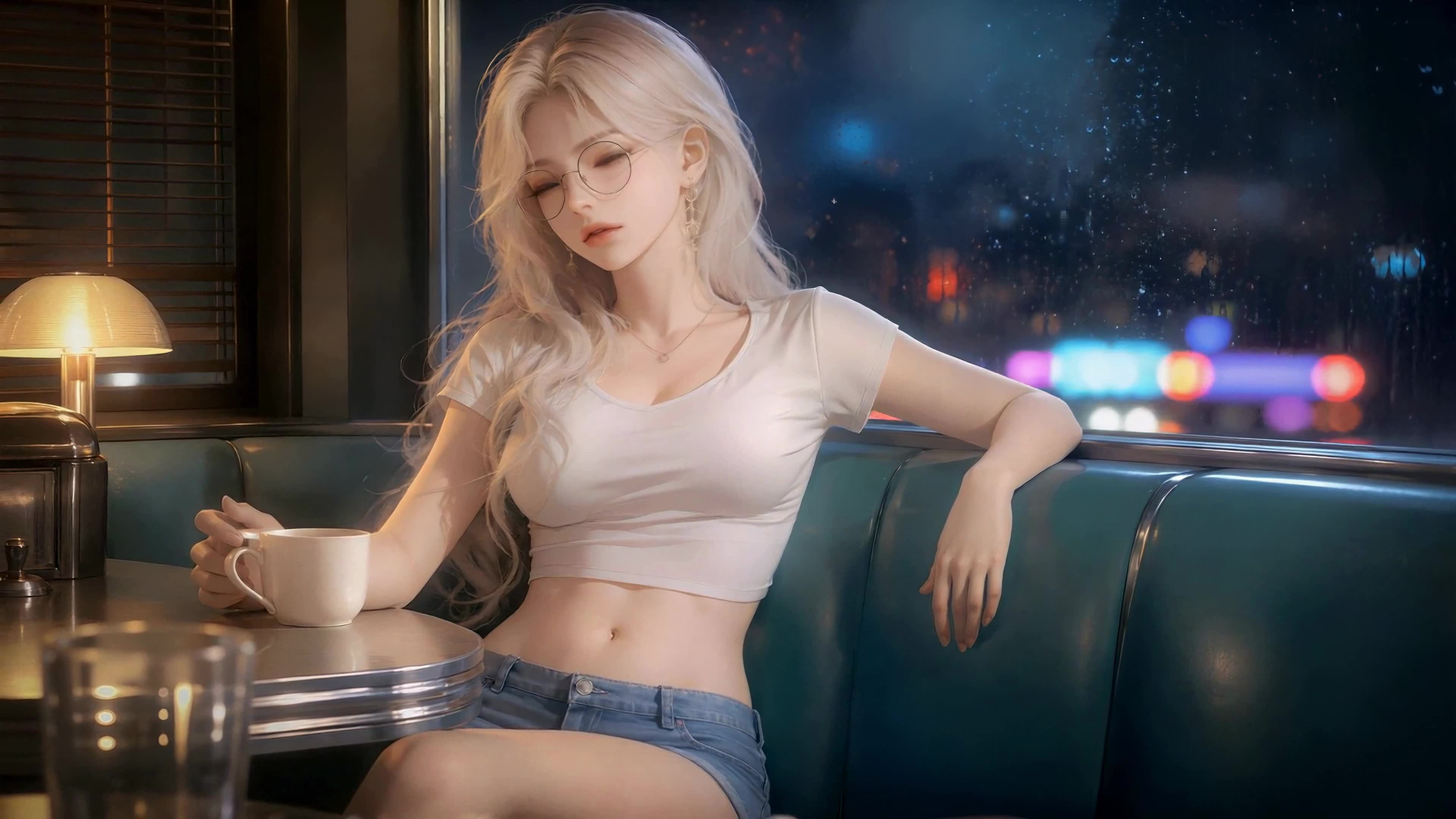 雨夜咖啡馆的银发少女