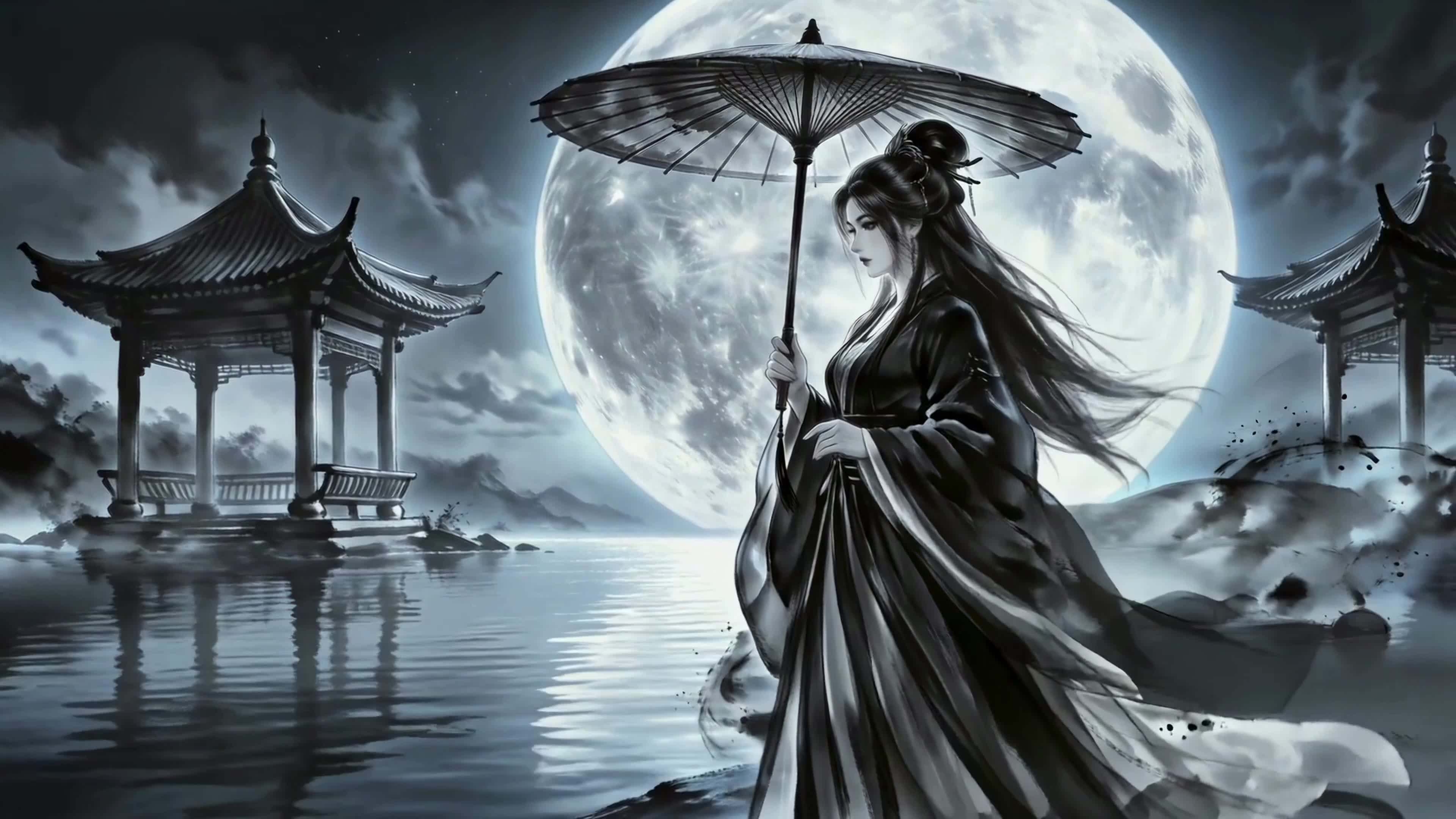月夜撑伞古风女子