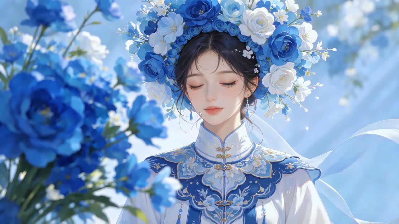 蓝白簪花