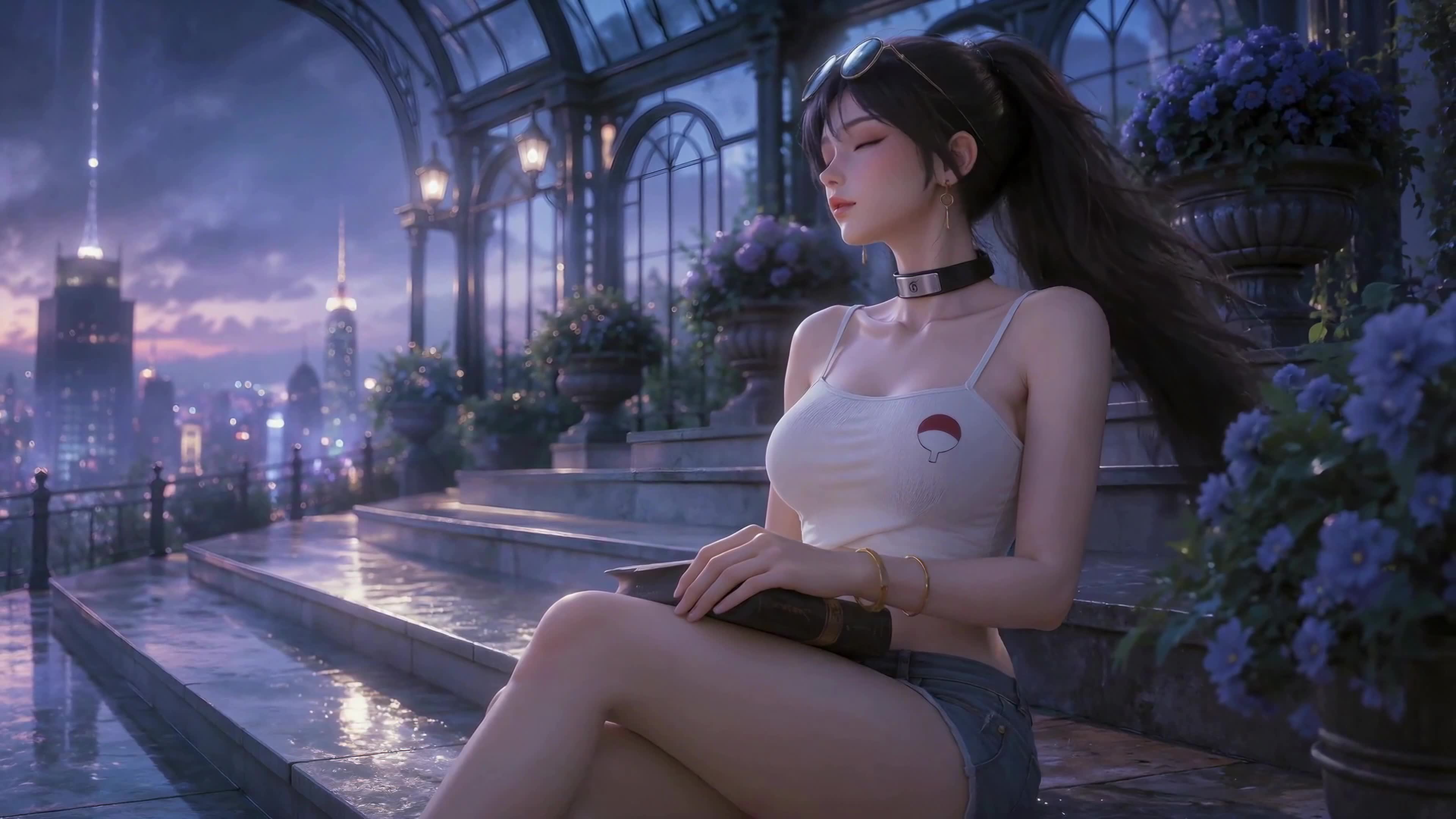 暮色花房旁的少女