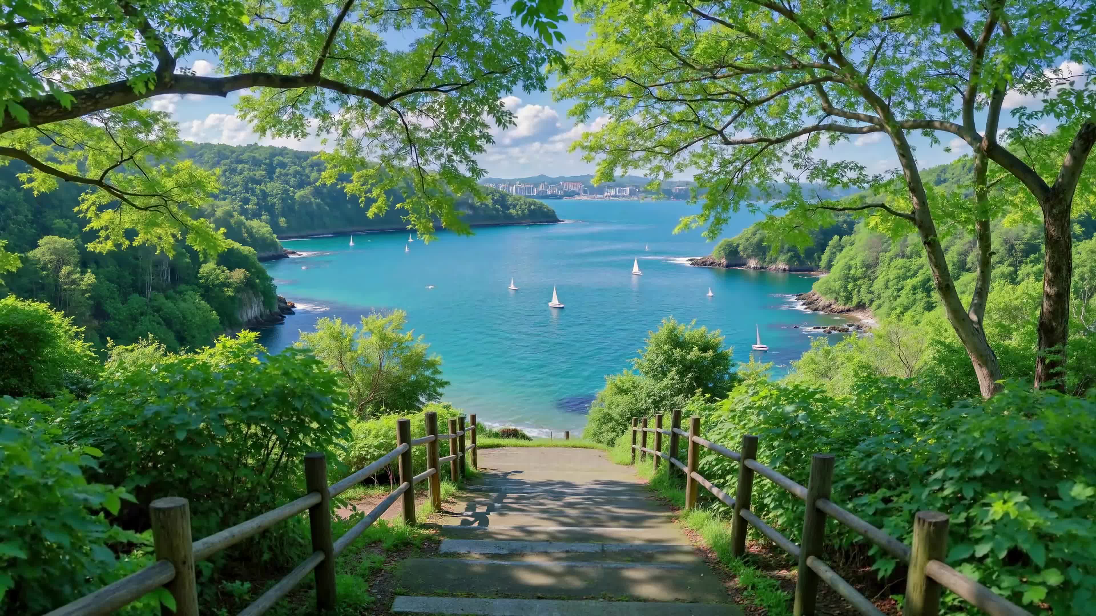 静谧海湾林荫风光