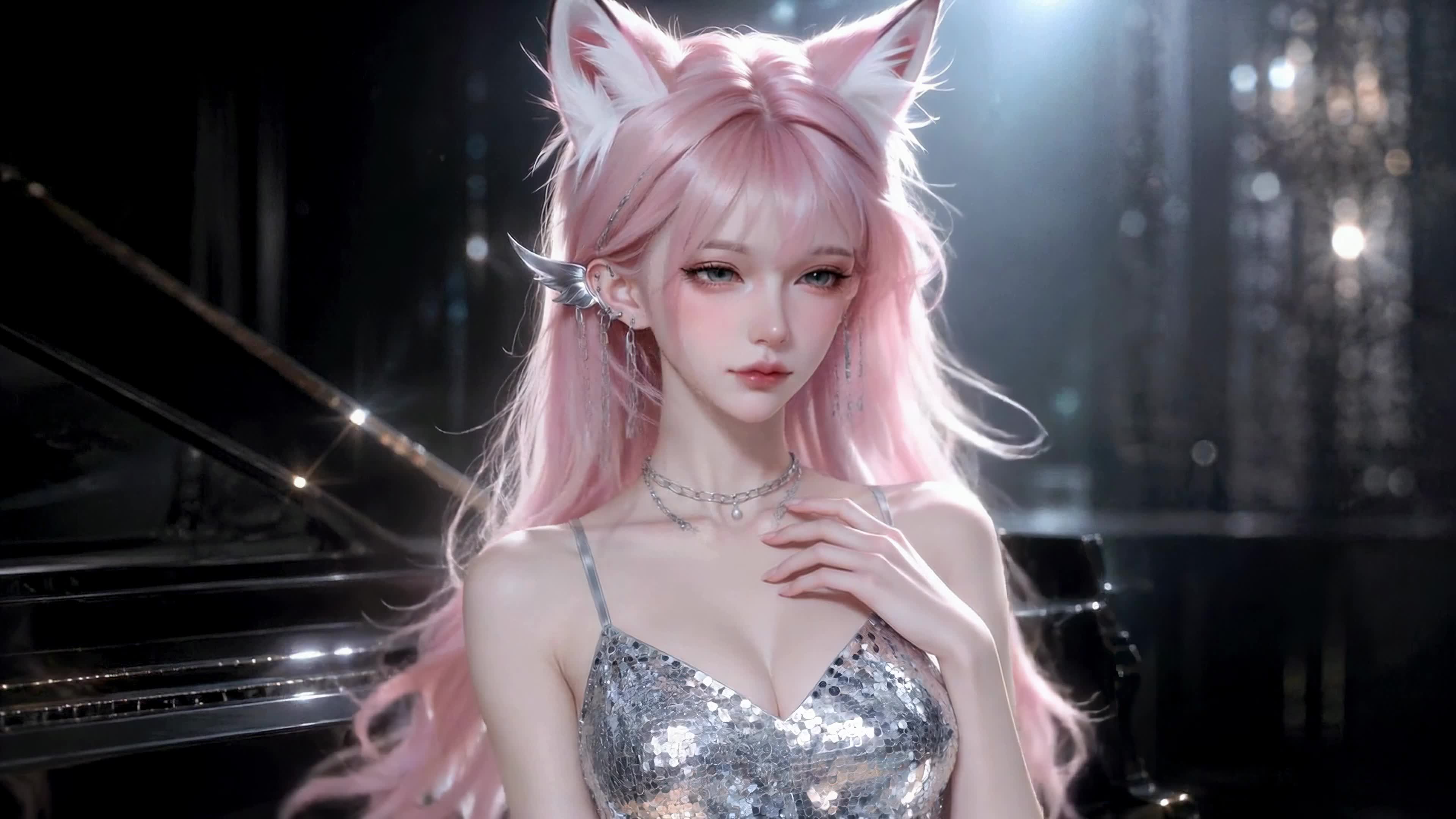 粉发狐耳钢琴少女