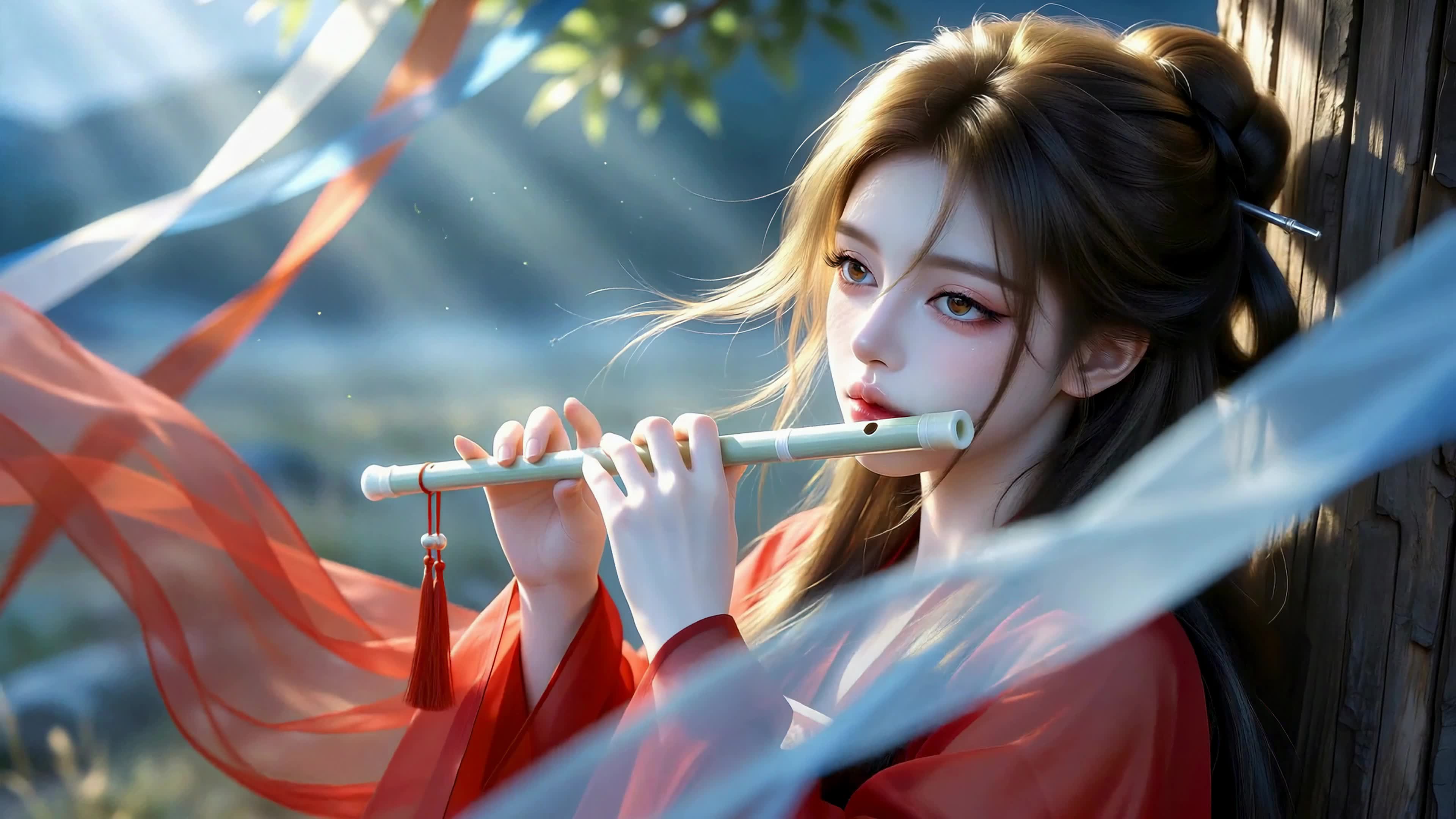 林间红衣吹笛美人