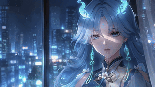 雨夜都市蓝发少女清宵