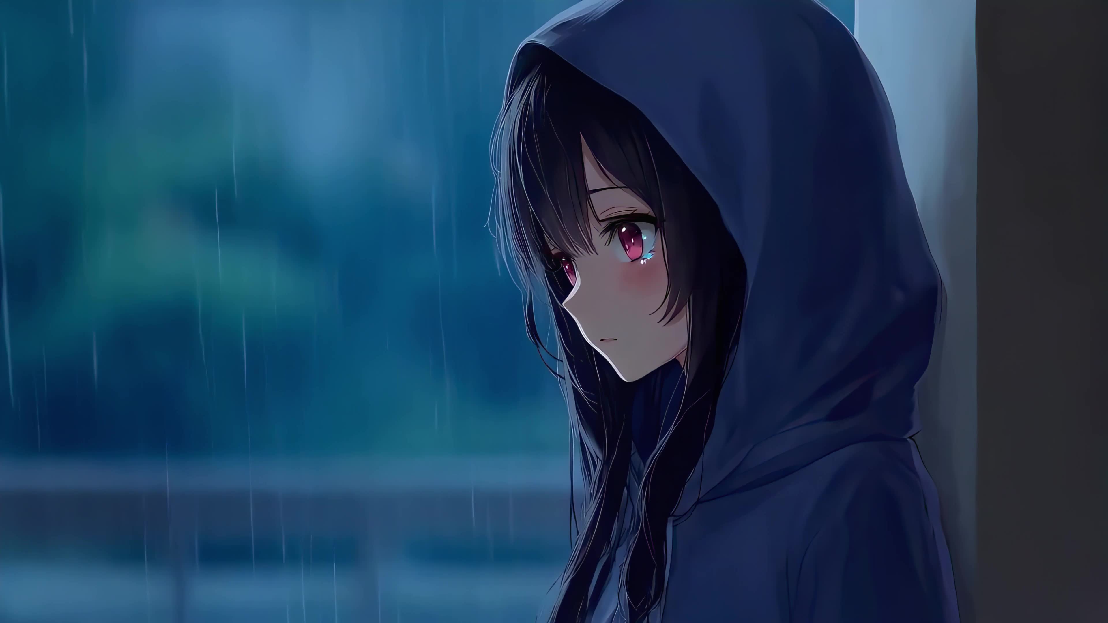 下雨-蓝色帽衫女孩