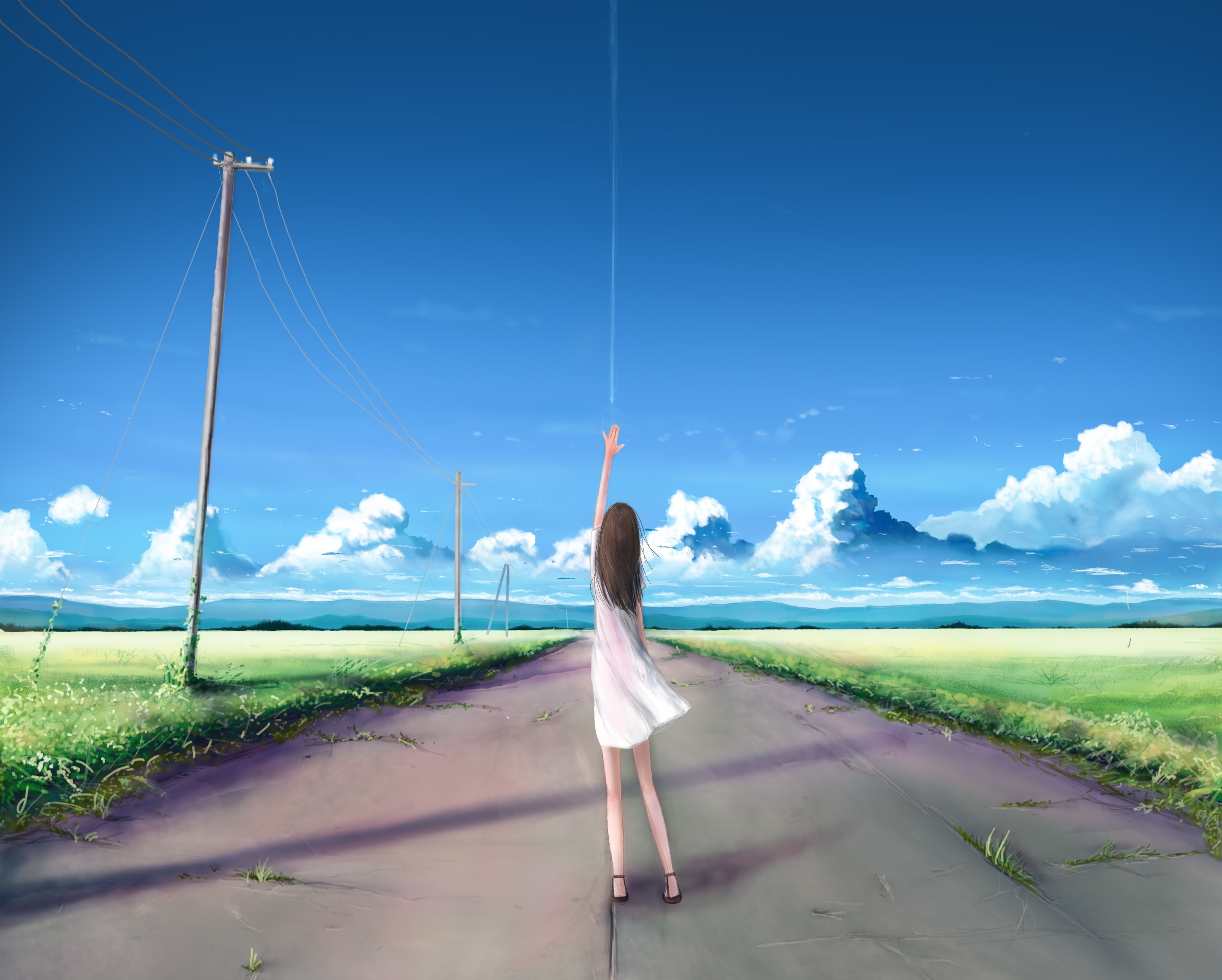 道路 天空 女孩 云 电线_6928