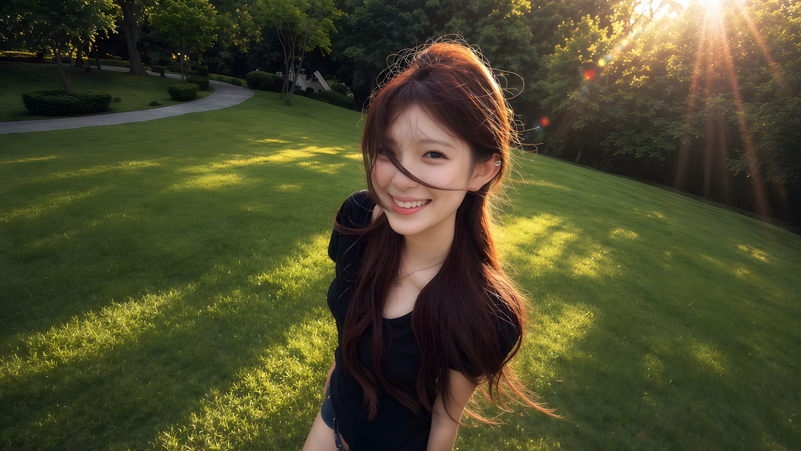 美女微笑日落