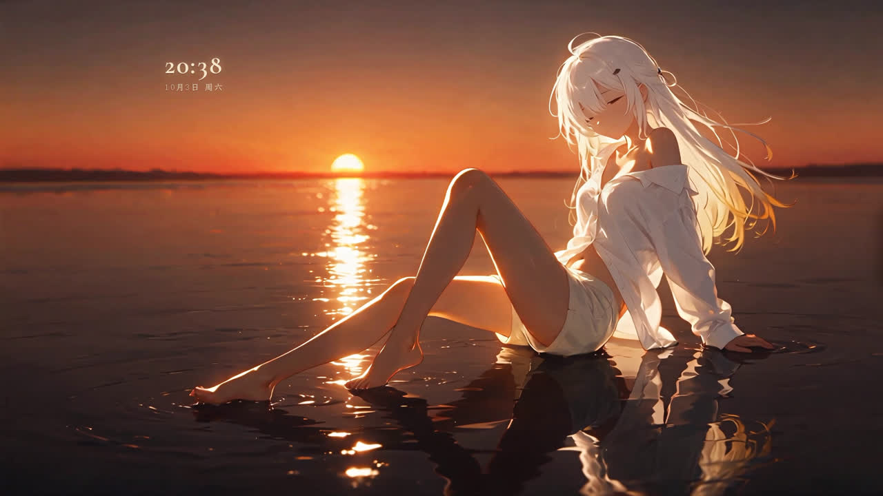 海上少女·【黄昏浅滩·银发少女·动态壁纸】