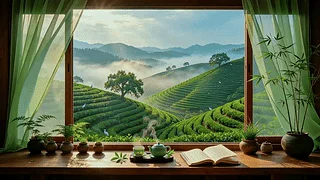 超治愈茶山晨雾窗景