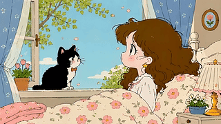 春日窗边的女孩与猫