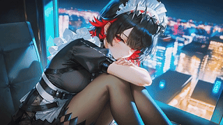 都市夜窗边的黑红短发女仆少女
