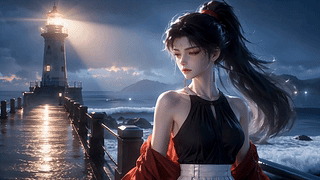 滨海灯塔旁的黑发少女