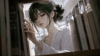 书架旁的绿发少女