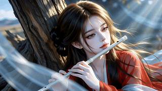 林间吹笛红衣少女